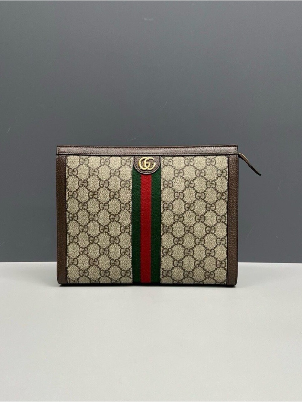 Gucci Brown/Beige GG Canvas Pouch with Green & Red Web Stripe